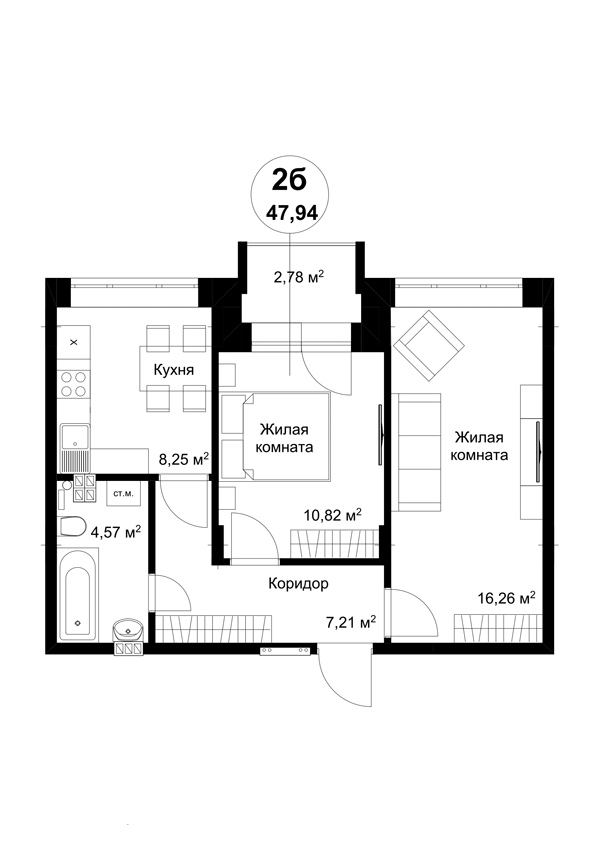 2 комн. квартира, 50.4 м², 2 этаж 
