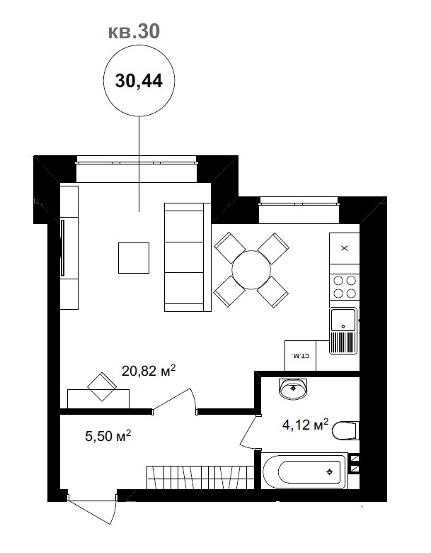 1 комн. квартира, 33.9 м², 1 этаж 