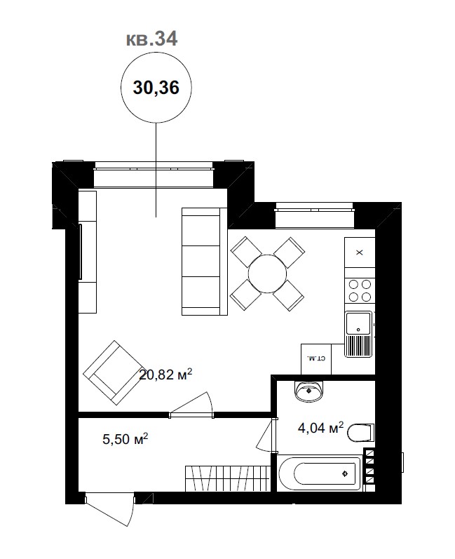 1 комн. квартира, 33.7 м², 2 этаж 