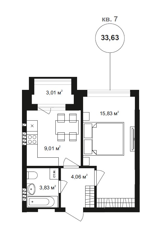 1 комн. квартира, 35.7 м², 2 этаж 