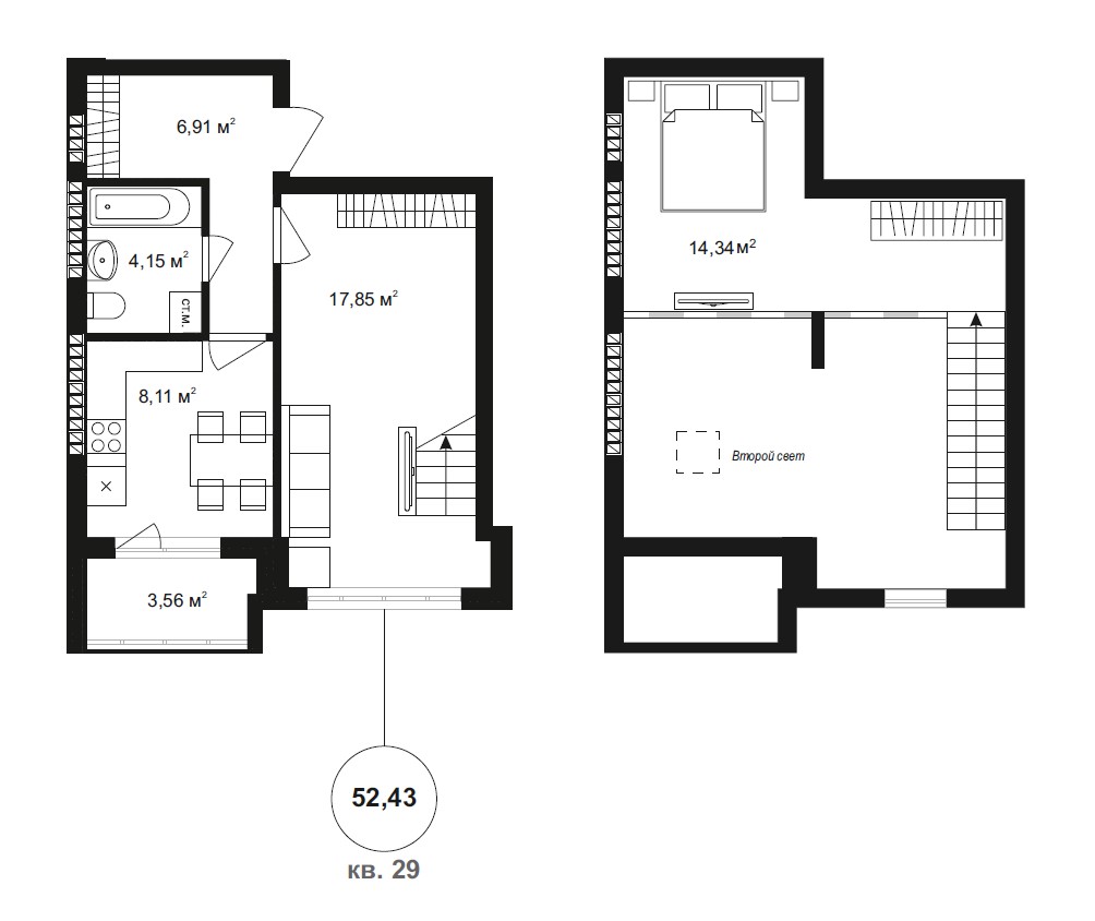 2 комн. квартира, 54.9 м², 4 этаж 