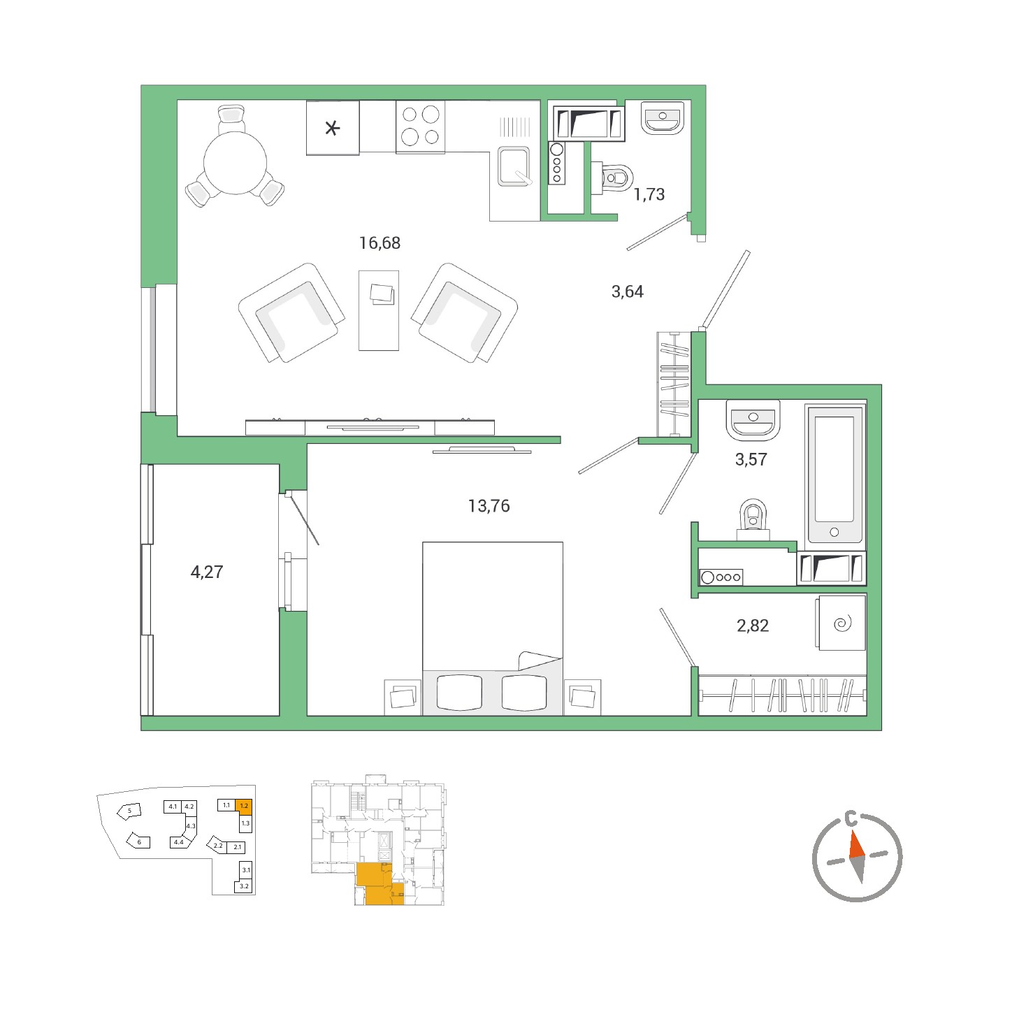 1 комн. квартира, 44.3 м², 3 этаж 