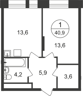 1 комн. квартира, 40.9 м², 12 этаж  (из 22)