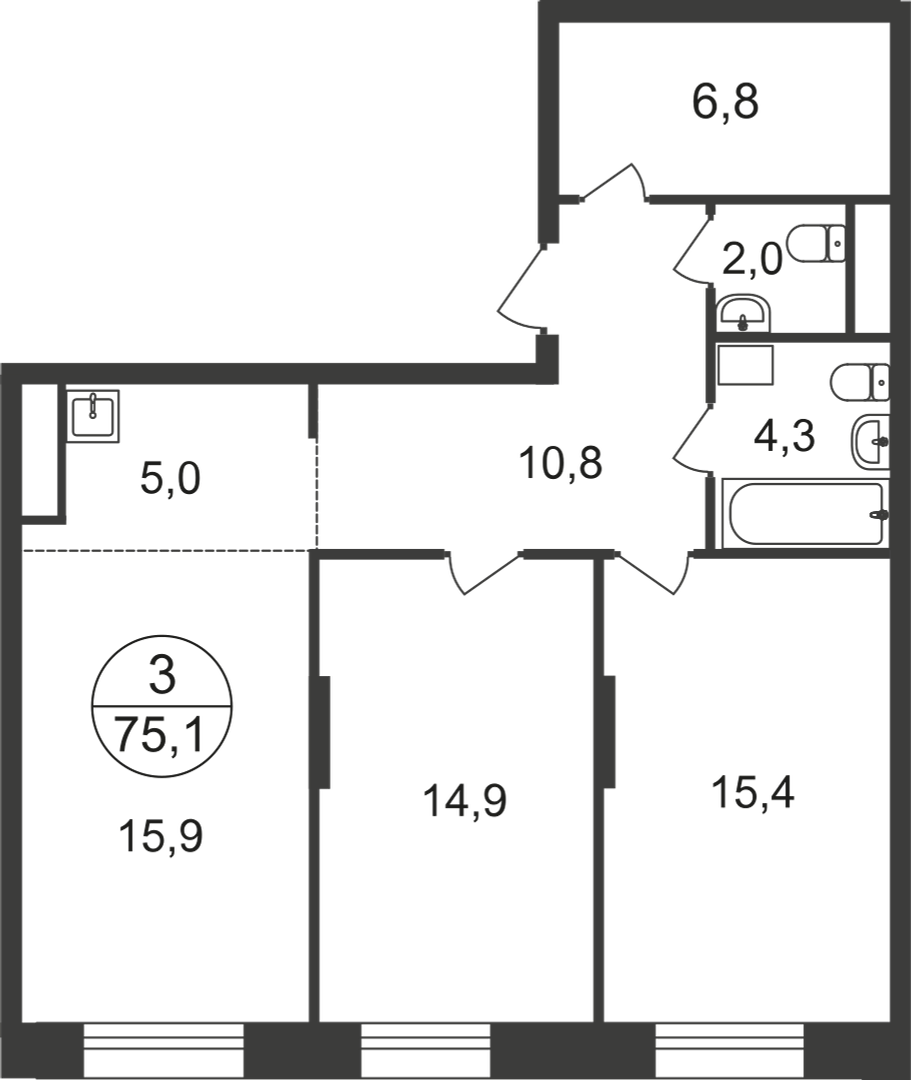3 комн. квартира, 75.1 м², 15 этаж  (из 22)