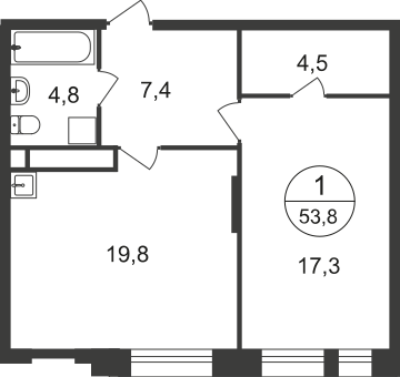 1 комн. квартира, 53.8 м², 17 этаж  (из 22)