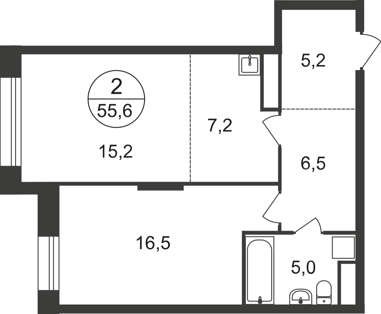 2 комн. квартира, 55.6 м², 20 этаж  (из 22)