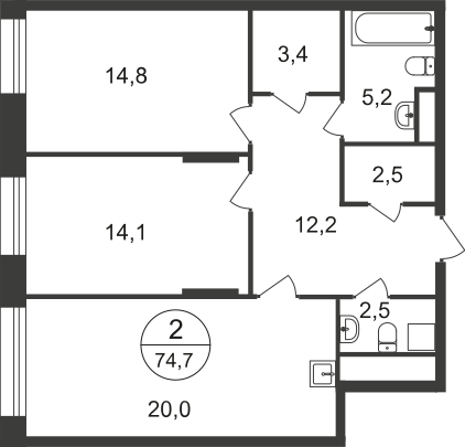 2 комн. квартира, 74.7 м², 21 этаж  (из 22)
