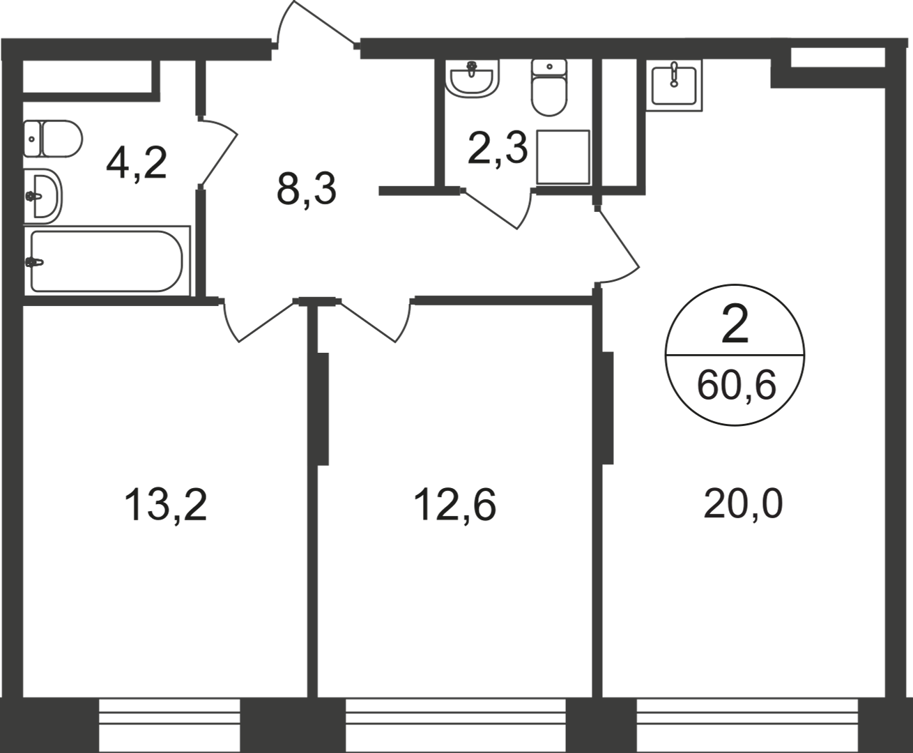 2 комн. квартира, 60.6 м², 17 этаж  (из 22)