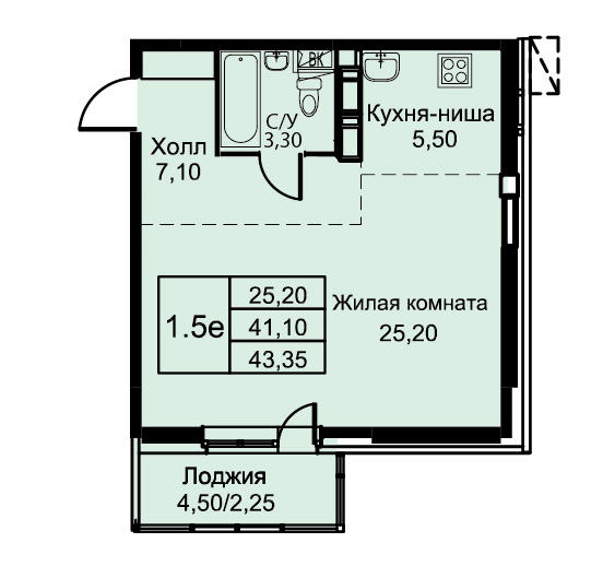 1 комн. квартира, 43.4 м², 1 этаж 