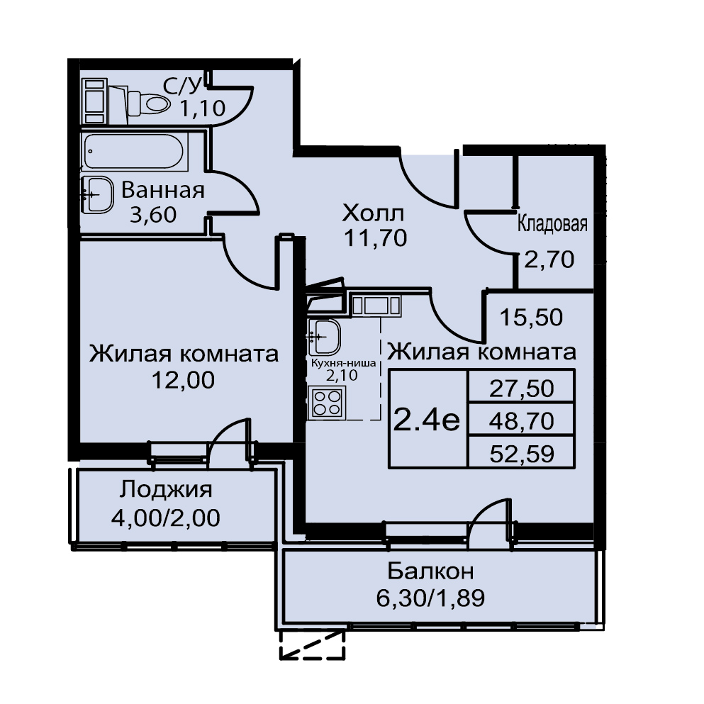 2 комн. квартира, 52.6 м², 1 этаж 