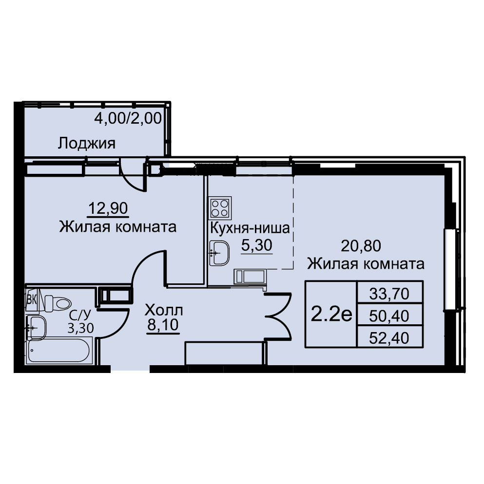 2 комн. квартира, 52.4 м², 9 этаж 