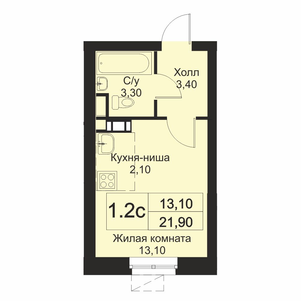 студия, 21.9 м², 12 этаж 