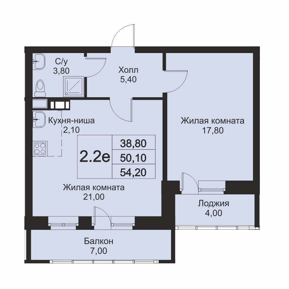 2 комн. квартира, 54.2 м², 1 этаж 