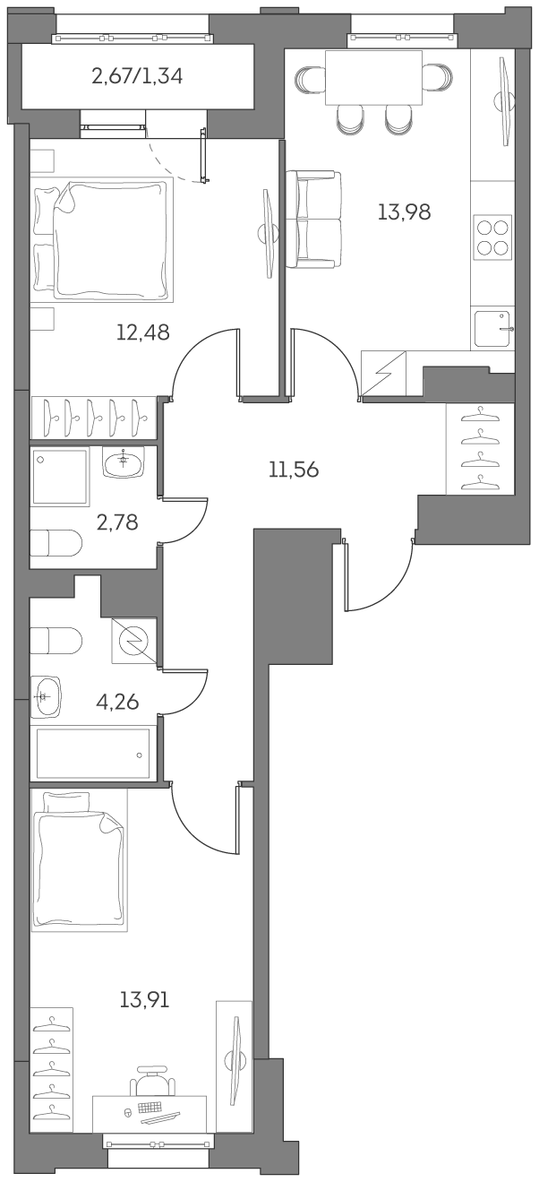 2 комн. квартира, 60.3 м², 3 этаж 