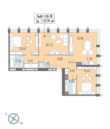 3 комн. квартира, 113.9 м², 38 этаж 