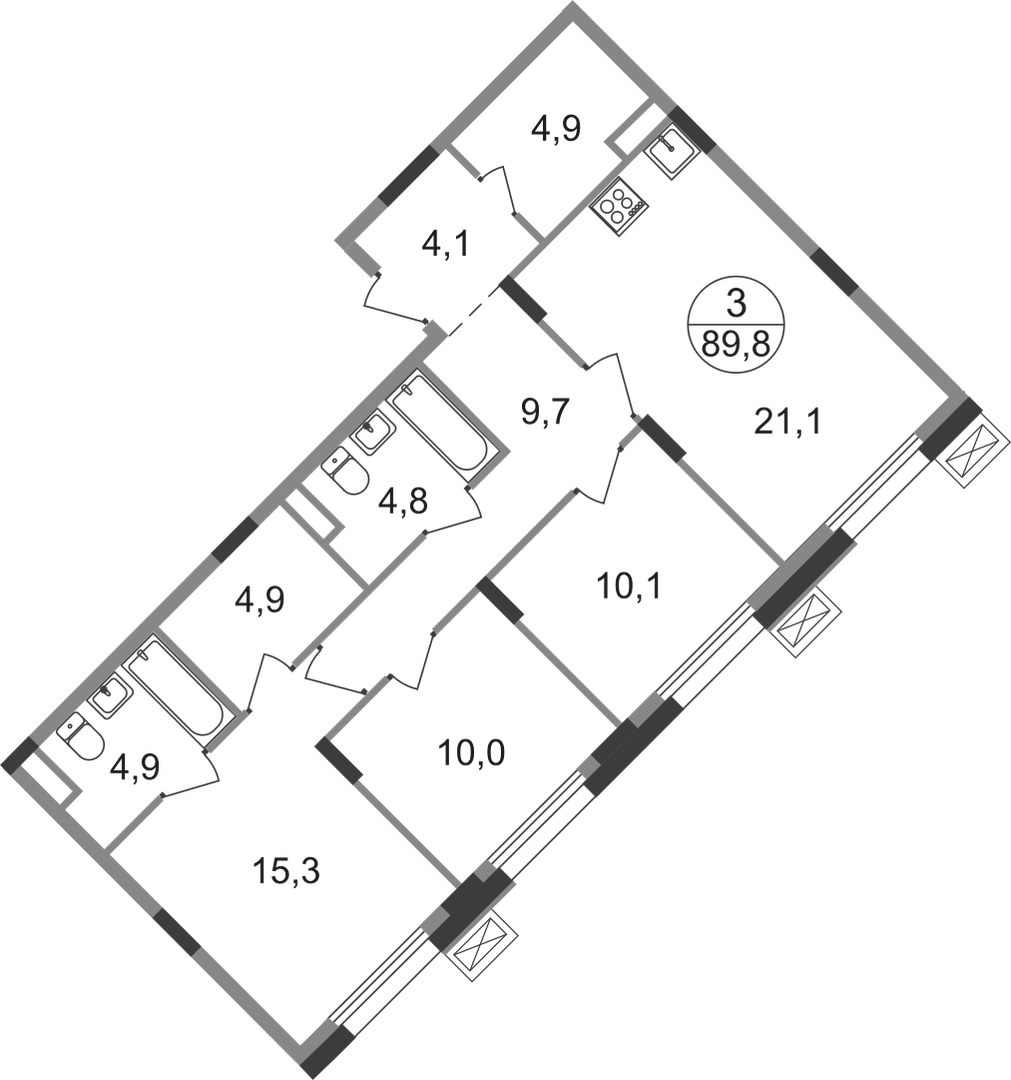 3 комн. квартира, 89.8 м², 7 этаж  (из 9)