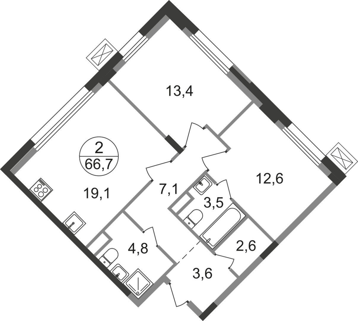 2 комн. квартира, 66.7 м², 4 этаж  (из 9)