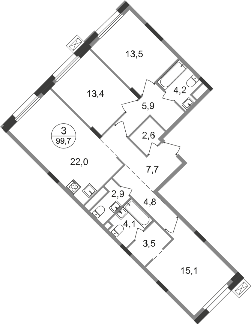 3 комн. квартира, 99.7 м², 9 этаж  (из 9)