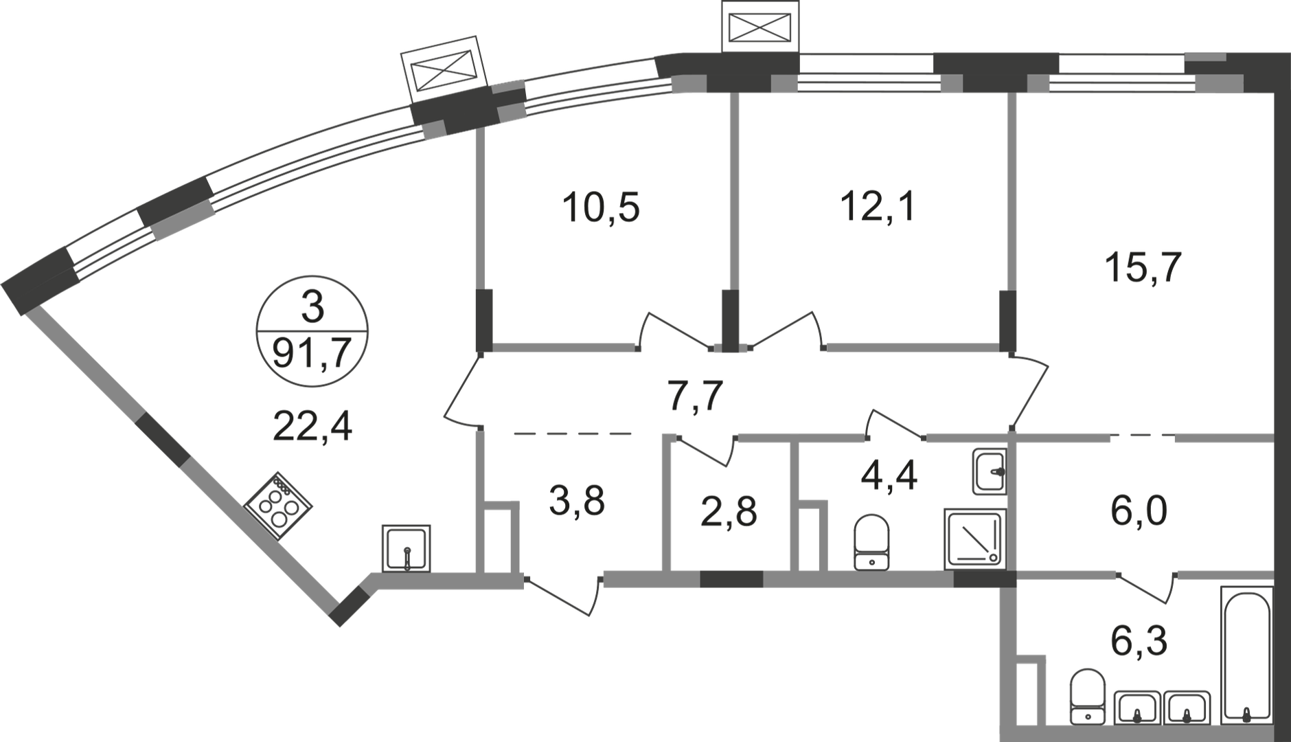 3 комн. квартира, 91.7 м², 3 этаж  (из 9)