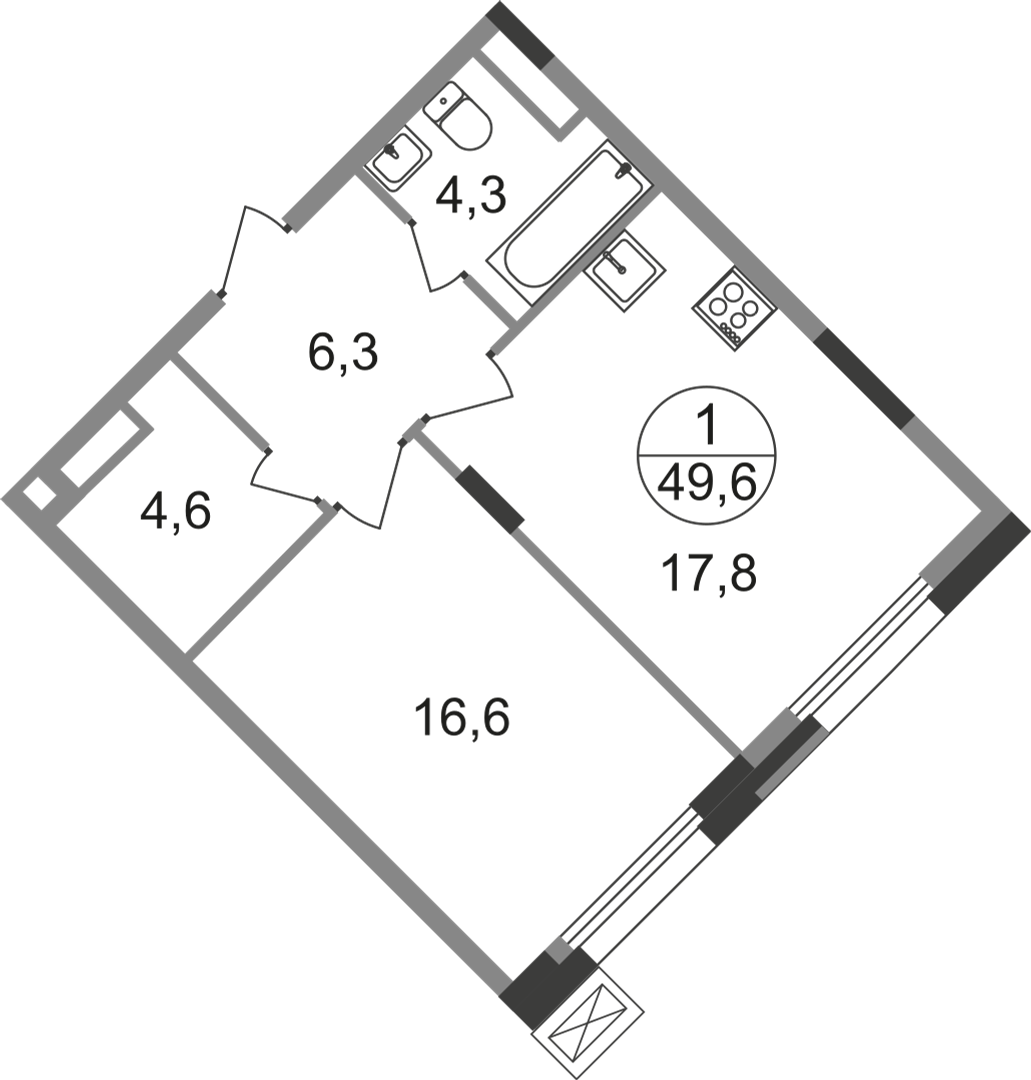1 комн. квартира, 49.6 м², 4 этаж  (из 9)
