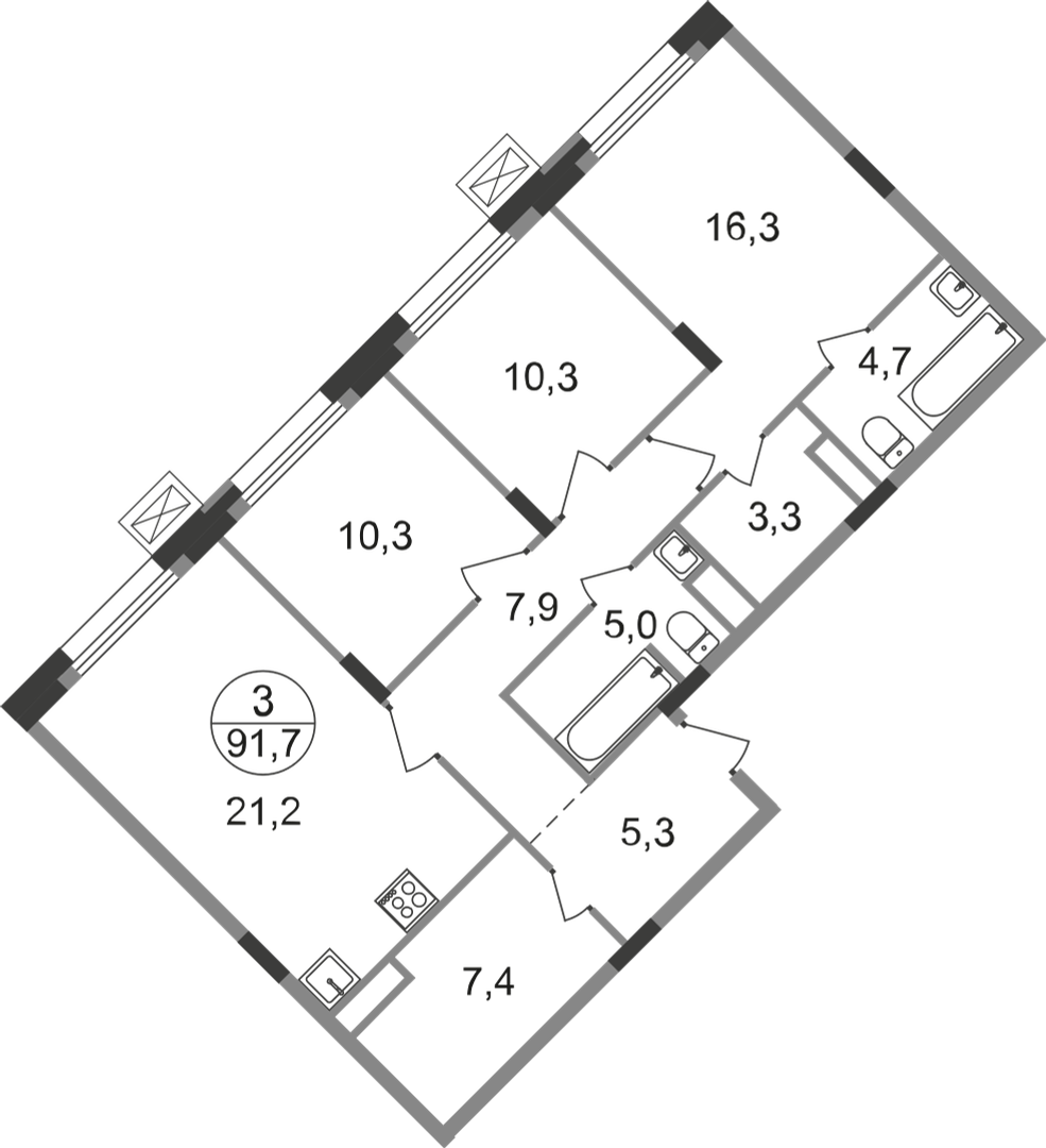 3 комн. квартира, 91.7 м², 9 этаж  (из 9)