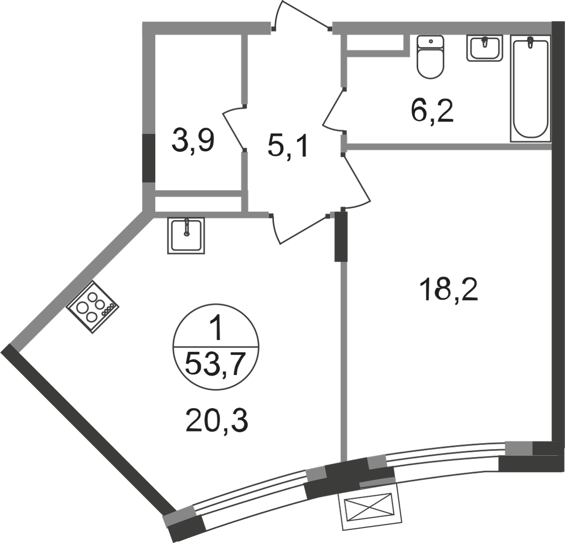 1 комн. квартира, 53.7 м², 9 этаж  (из 9)