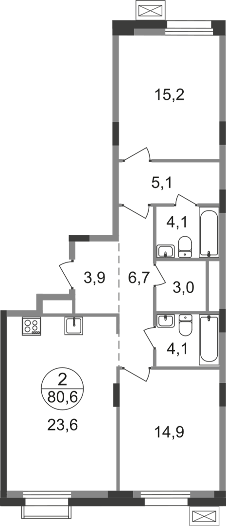 2 комн. квартира, 80.6 м², 6 этаж  (из 9)