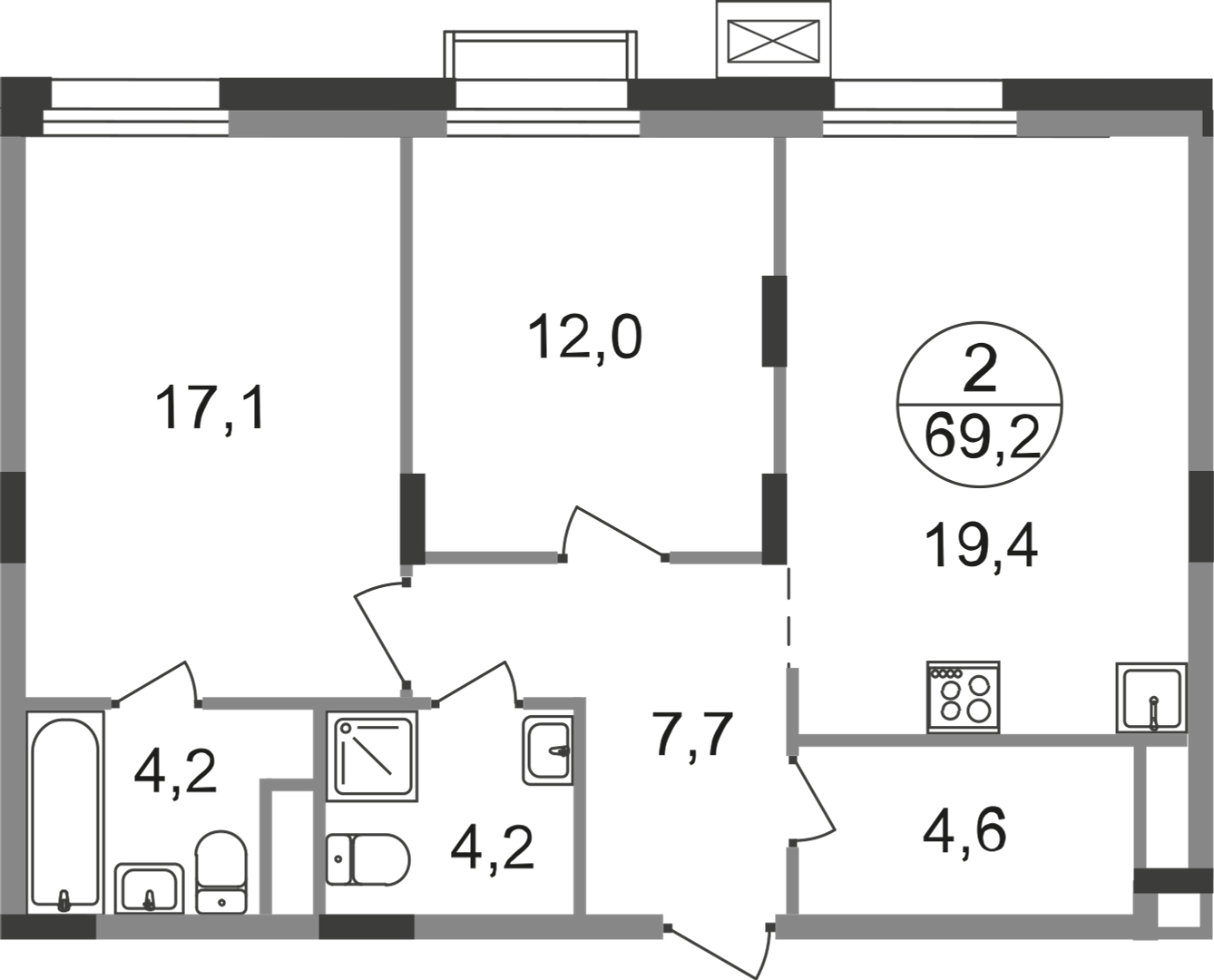 2 комн. квартира, 69.2 м², 9 этаж  (из 9)