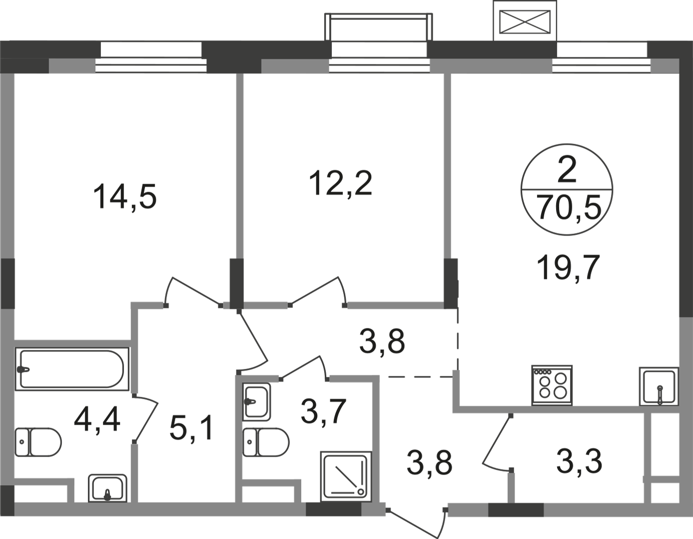 2 комн. квартира, 70.5 м², 4 этаж  (из 9)