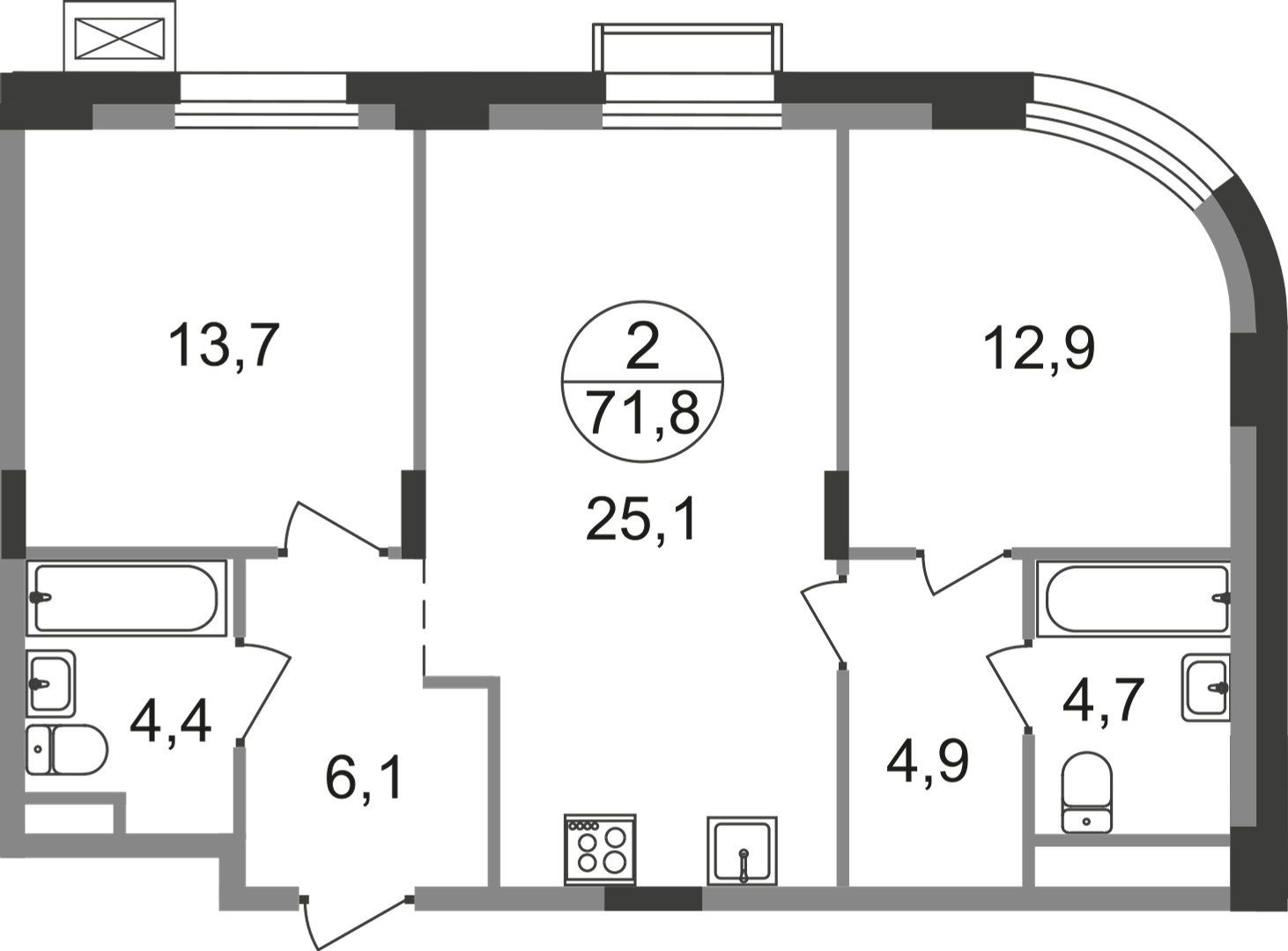 2 комн. квартира, 71.8 м², 4 этаж  (из 9)