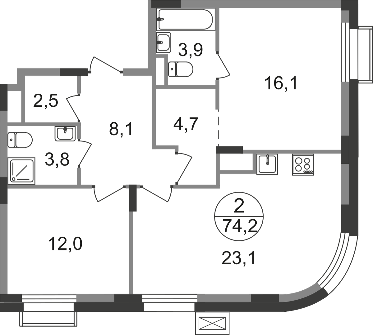 2 комн. квартира, 74.2 м², 4 этаж  (из 9)