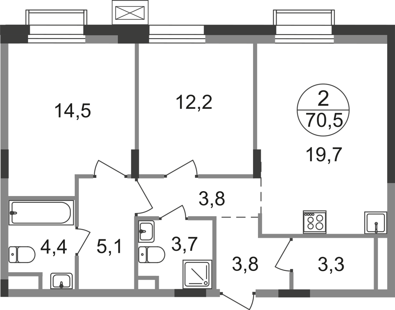 2 комн. квартира, 70.5 м², 7 этаж  (из 9)