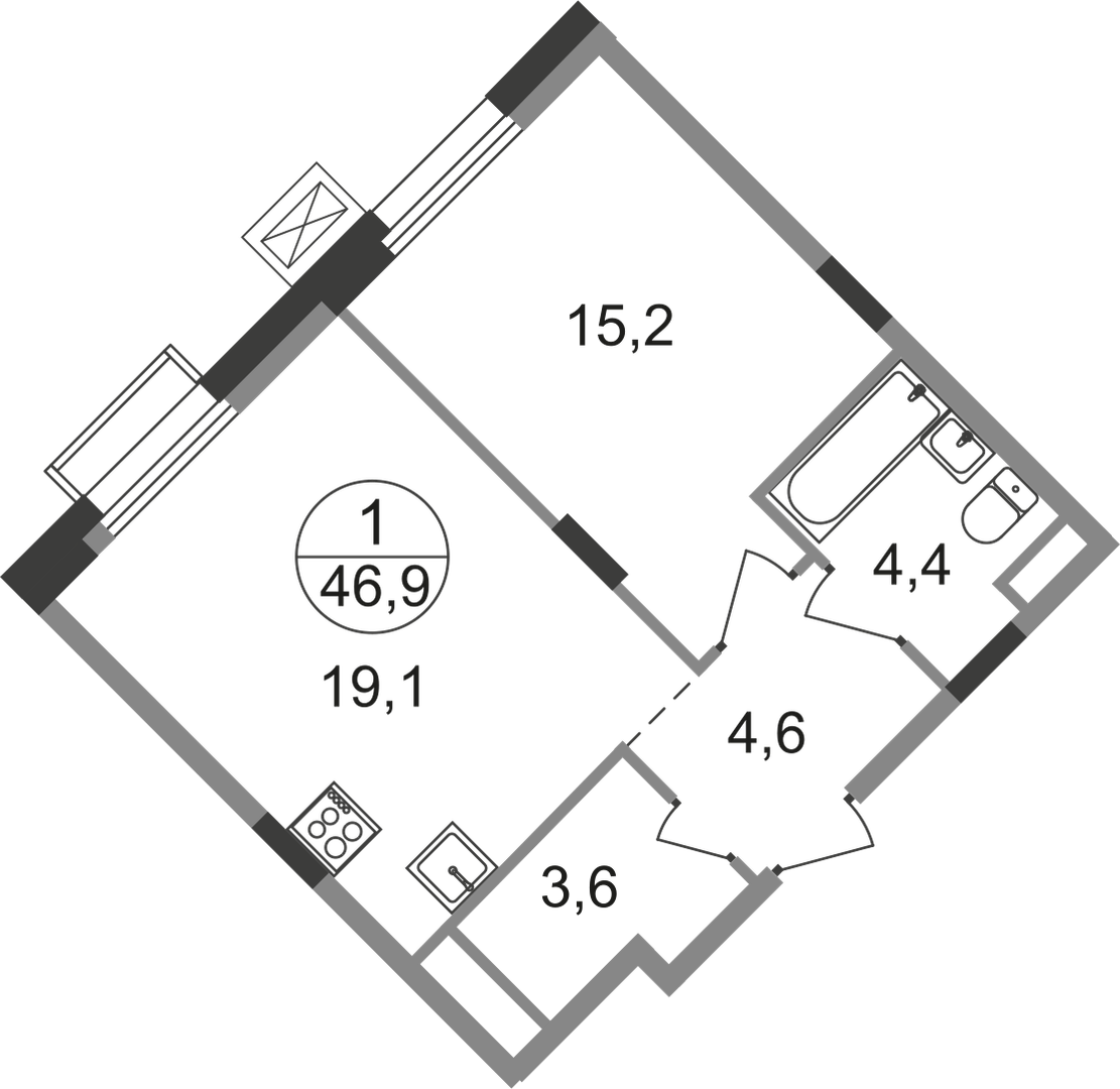 1 комн. квартира, 46.9 м², 5 этаж  (из 9)