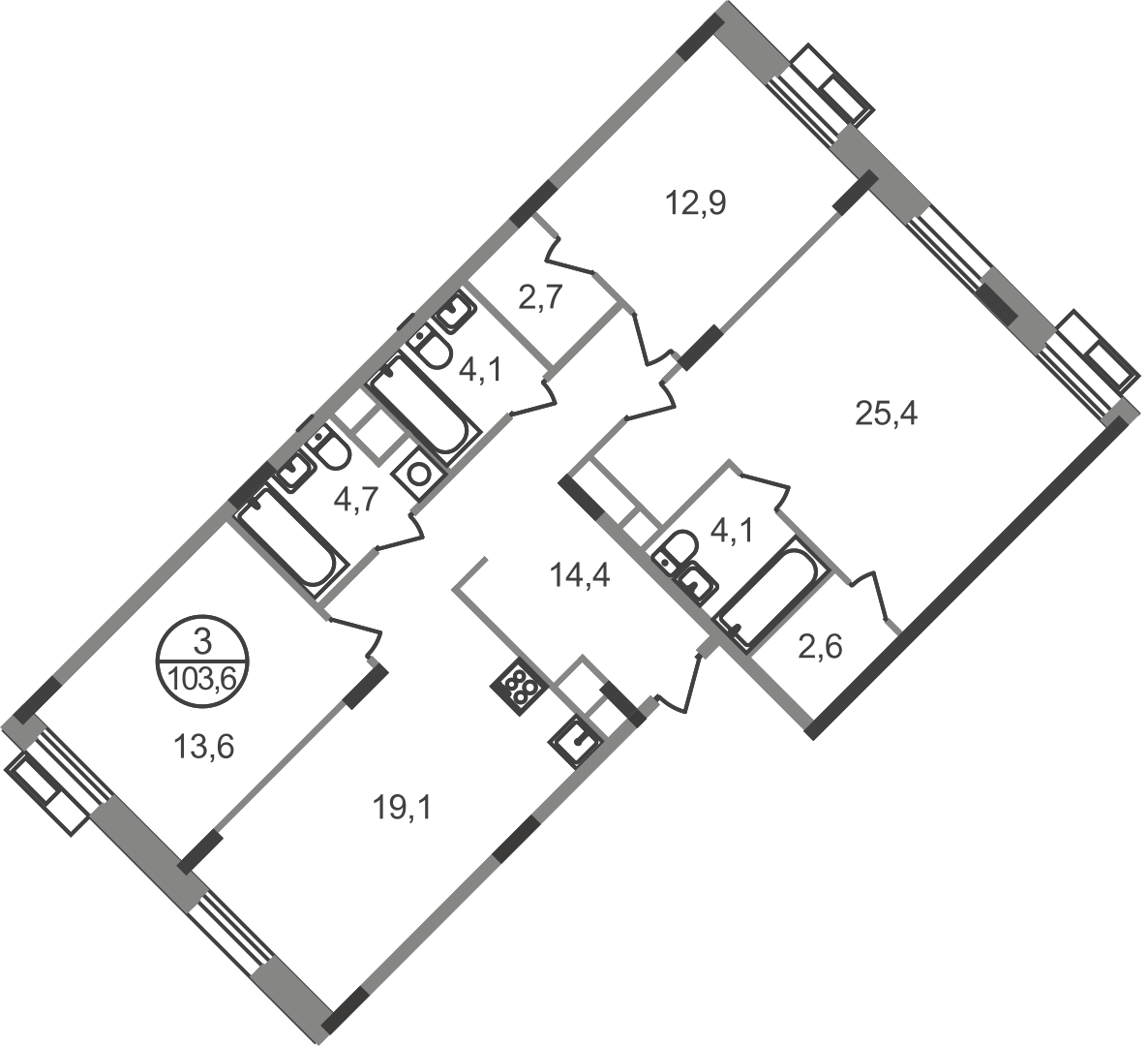 3 комн. квартира, 103.6 м², 5 этаж  (из 9)