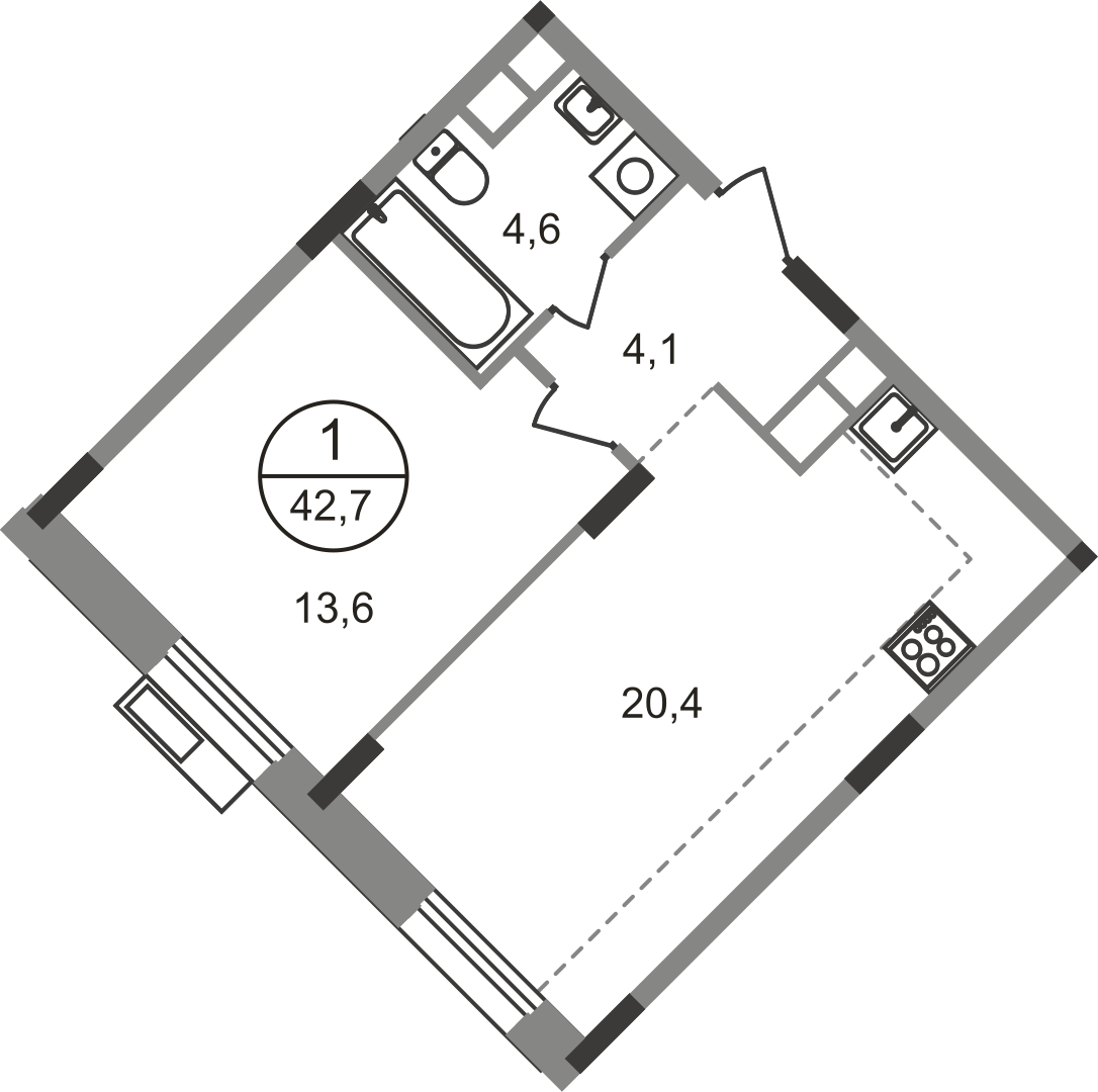 1 комн. квартира, 42.7 м², 4 этаж  (из 9)