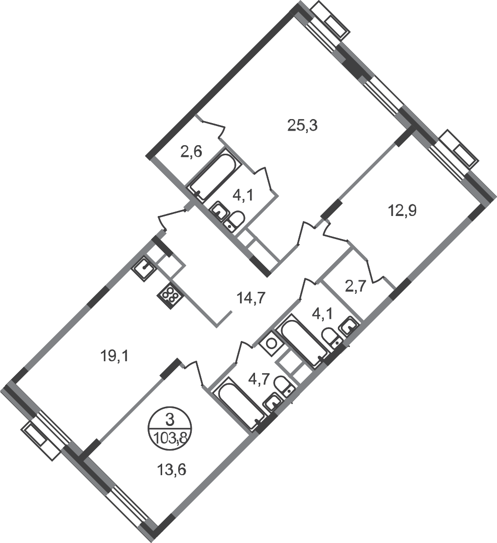 3 комн. квартира, 103.8 м², 6 этаж  (из 9)