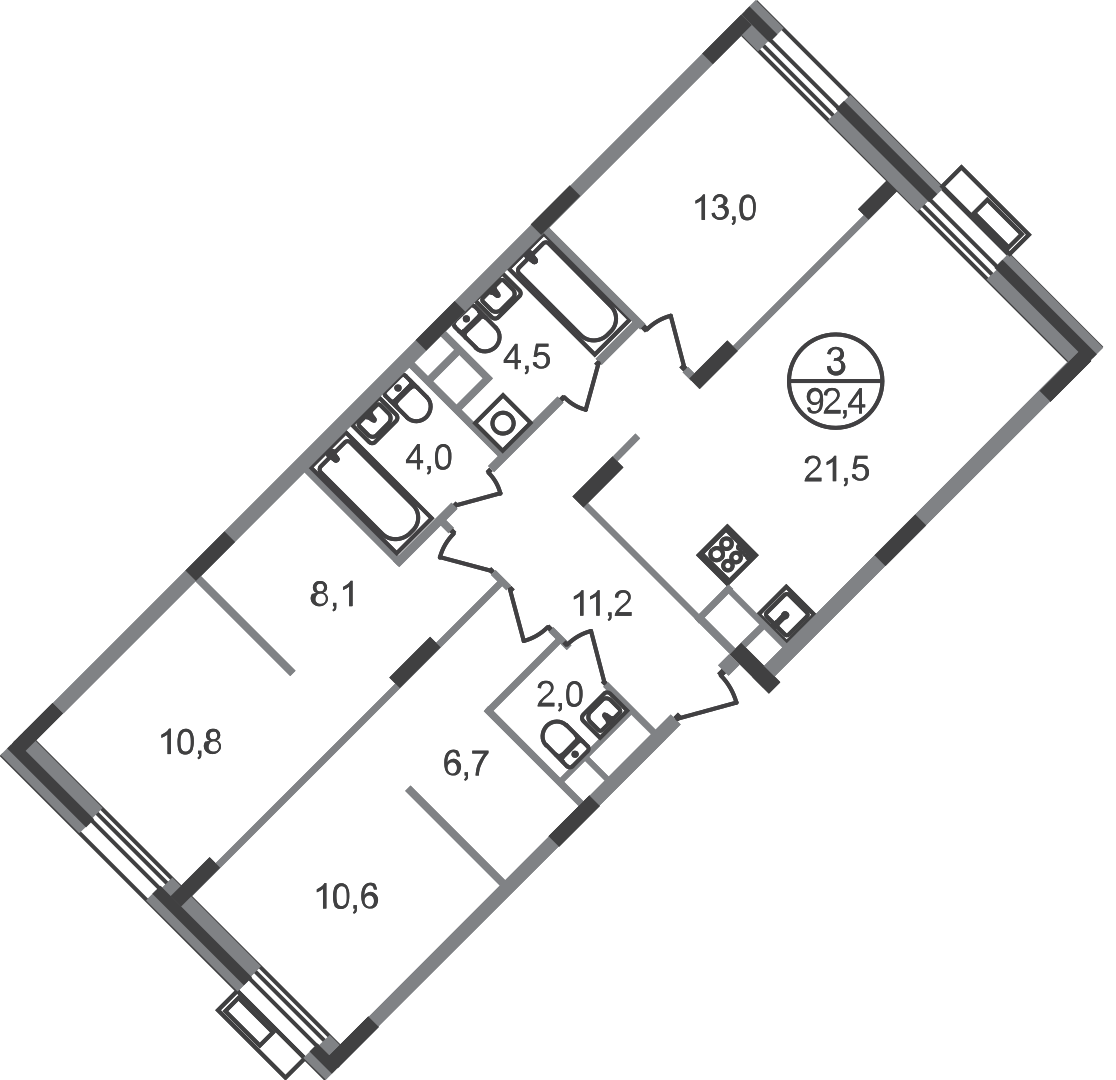 3 комн. квартира, 92.4 м², 6 этаж  (из 9)