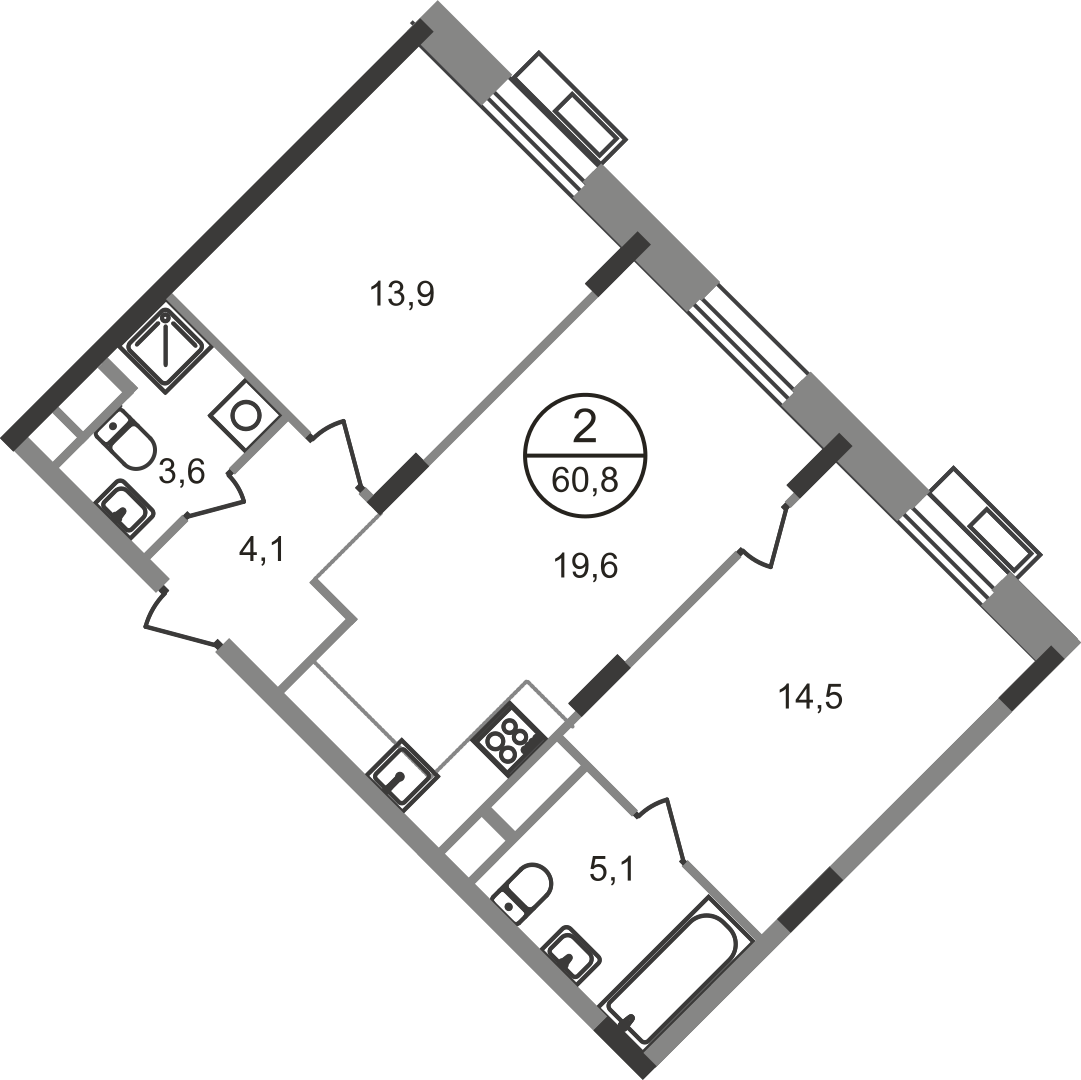 2 комн. квартира, 60.8 м², 5 этаж  (из 9)