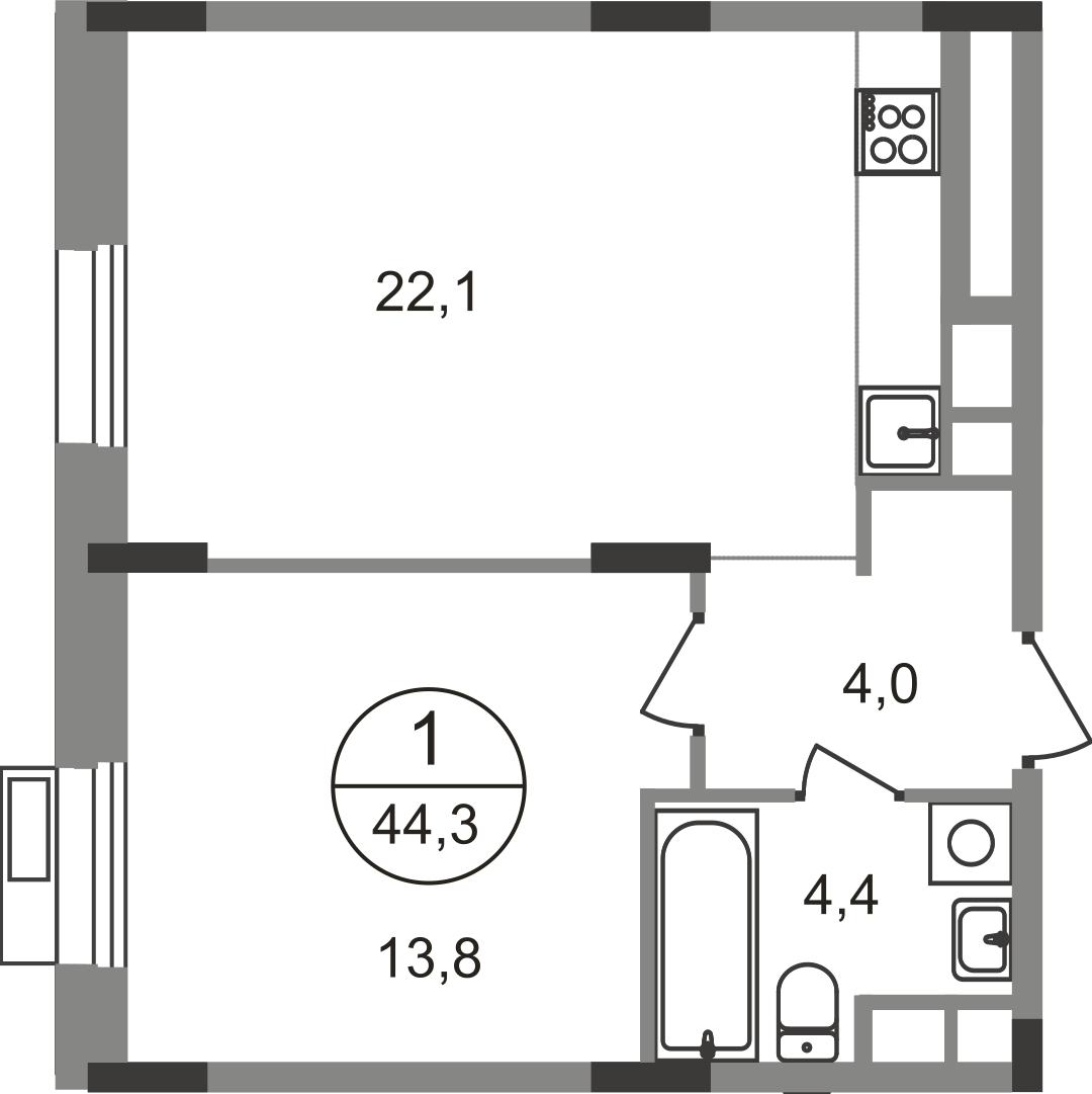 1 комн. квартира, 44.3 м², 5 этаж  (из 9)