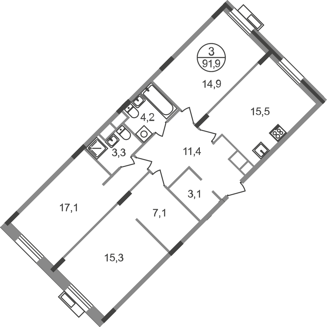 3 комн. квартира, 91.9 м², 8 этаж  (из 9)