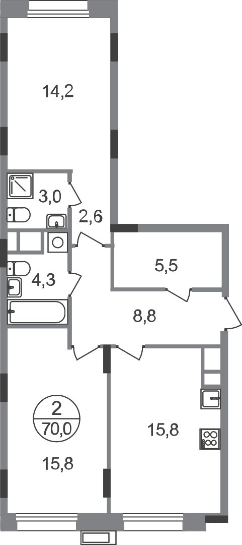 2 комн. квартира, 70 м², 5 этаж  (из 9)