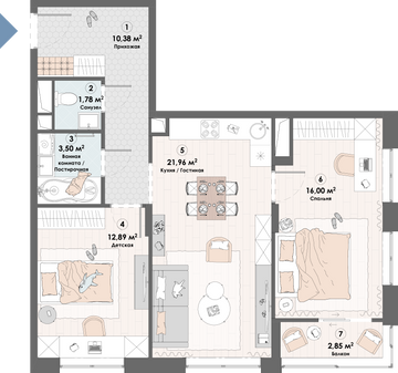 2 комн. квартира, 69.4 м², 19 этаж 