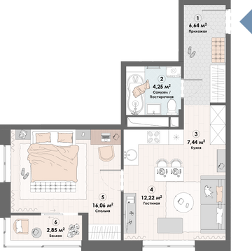 1 комн. квартира, 49.5 м², 2 этаж 