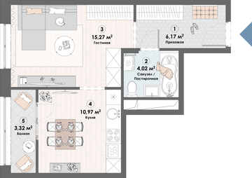 1 комн. квартира, 39.8 м², 5 этаж 