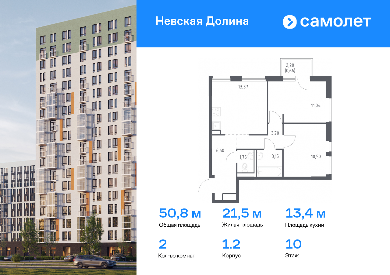 2 комн. квартира, 50.8 м², 10 этаж  (из 17)