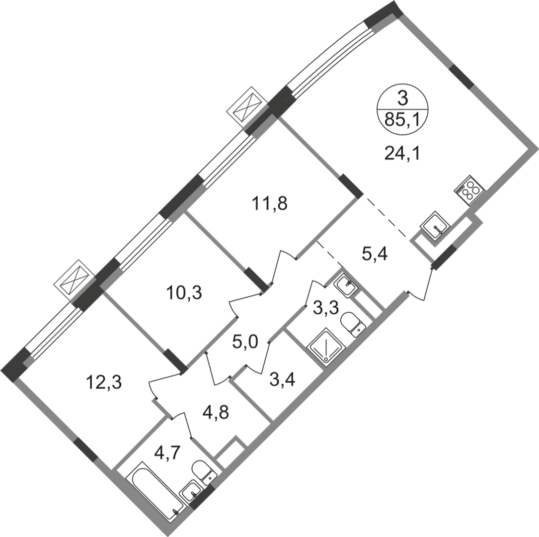 3 комн. квартира, 85.1 м², 8 этаж  (из 9)