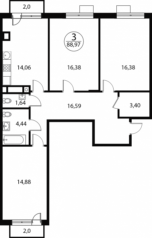 3 комн. квартира, 89 м², 1 этаж 