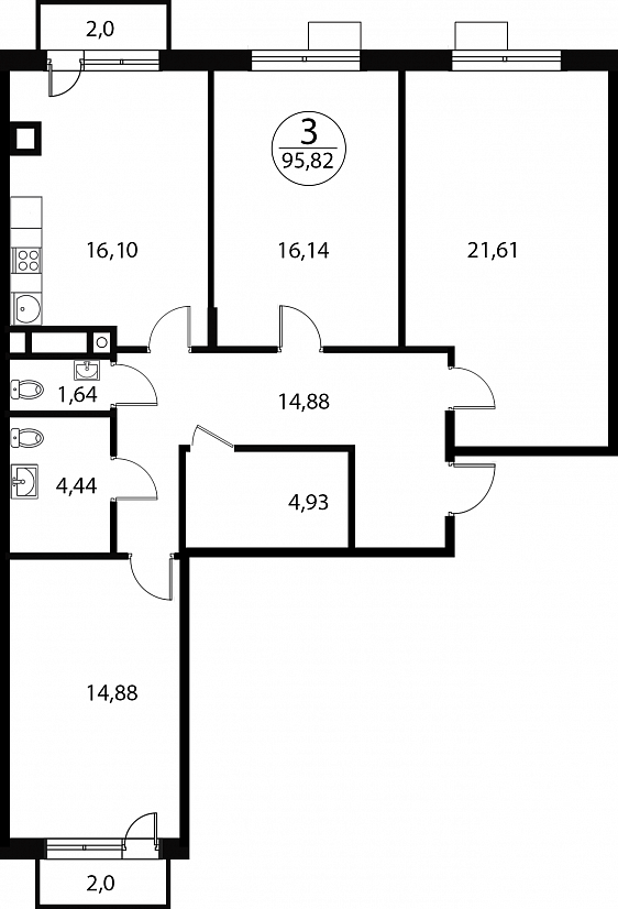 3 комн. квартира, 95.8 м², 3 этаж 