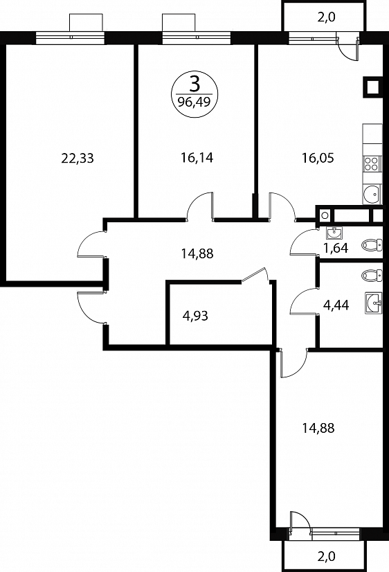3 комн. квартира, 96.5 м², 3 этаж 