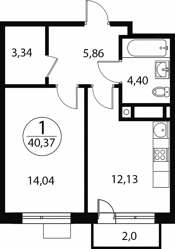 1 комн. квартира, 40.4 м², 3 этаж 